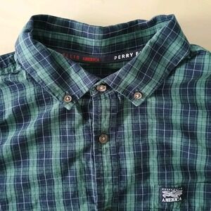 Perry Ellis America Plaid Long Sleeve Shirt Size Large Men's Green Blue White